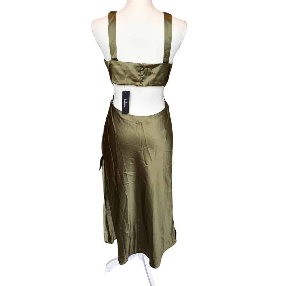 Lulus Olive Satin Plunge Midi Dress Medium NWT Wedding Guest Formal Size M - Picture 4 of 7